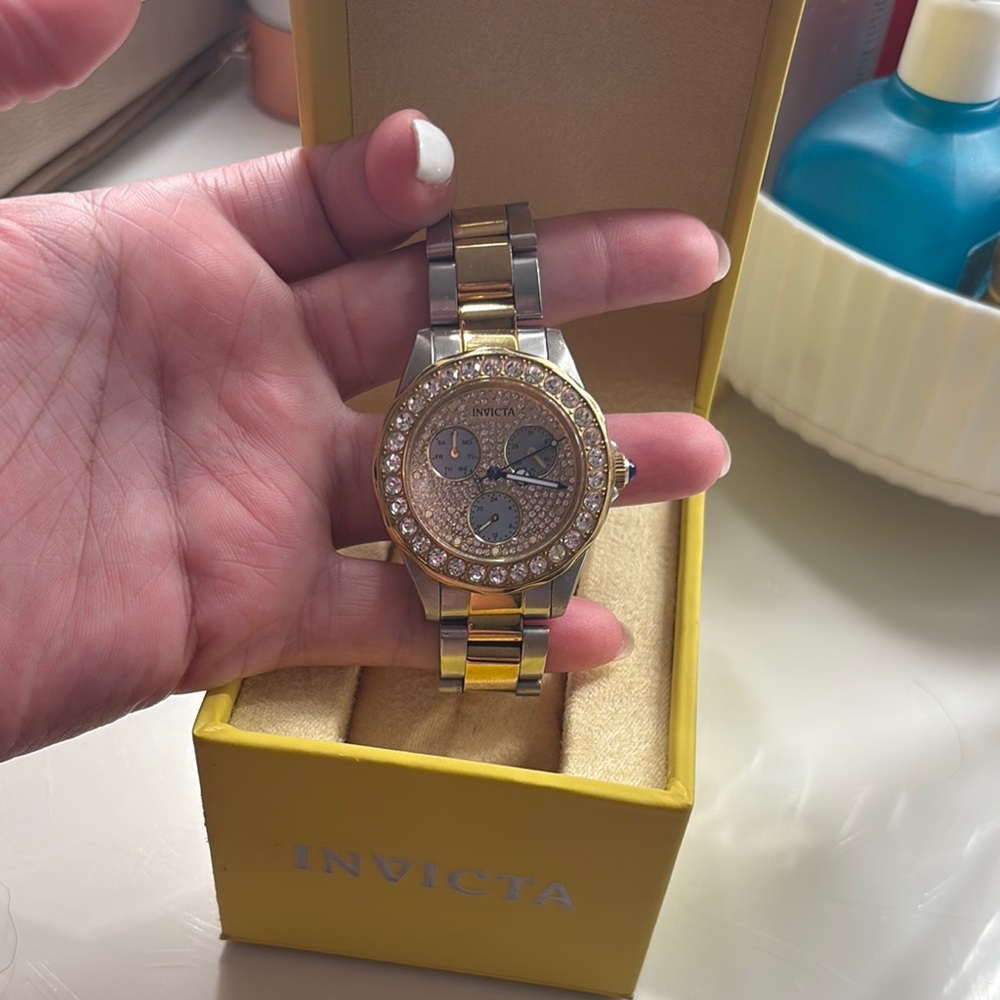 Invicta Gold and Silver Watch with Crystal Bezel